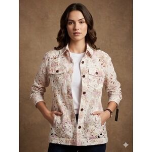 Kathy Ireland Womens Floral Eyelet Button Down Shirt Jacket White Pink XS NEW